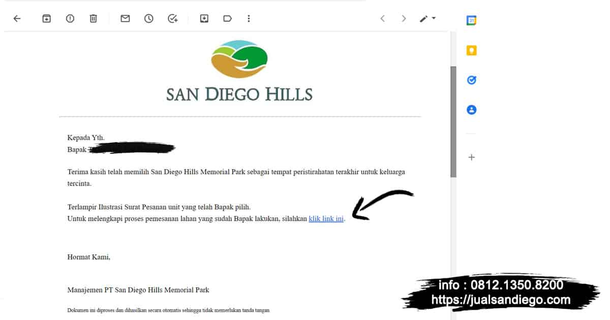 email konfirmasi pembelian kavling san diego hills